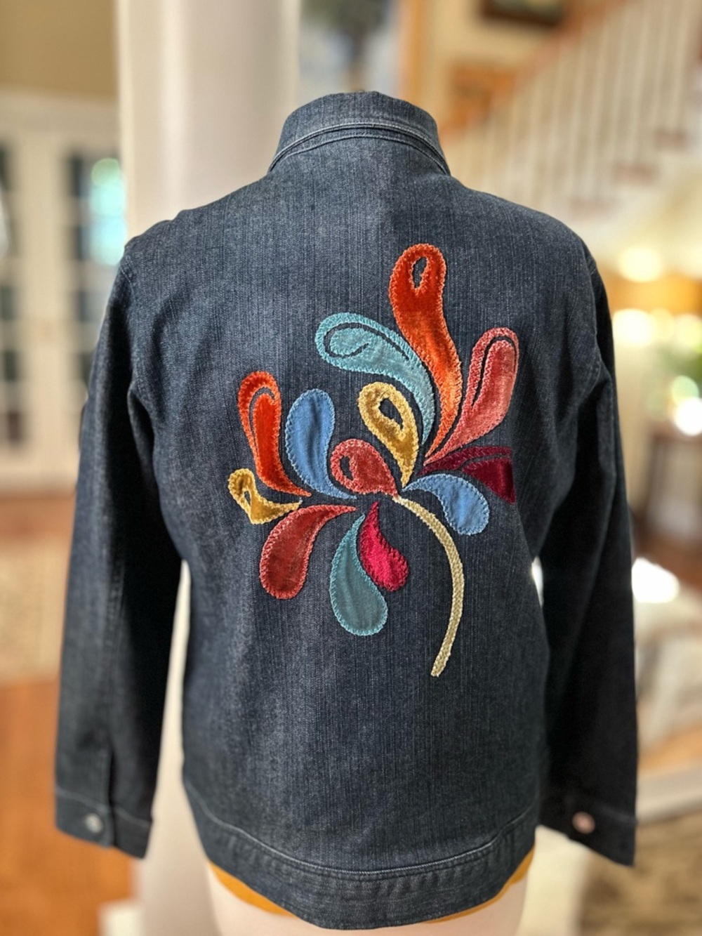 Embellished Dark Denim Jacket with Burgundy Trim